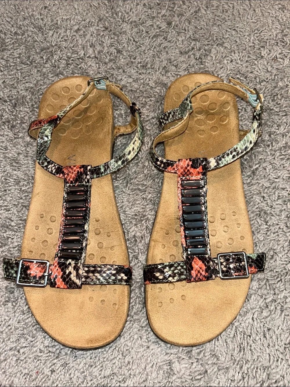 Vionic Multicolor Snake-Print T-Strap Sandals with Coral and Teal Accents - Picture 3 of 6
